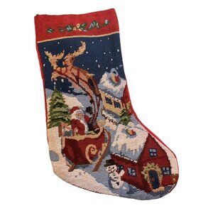 Vtg Christmas Tapestry Christmas Stocking Santa & Sleigh Scene 18" Holiday Décor